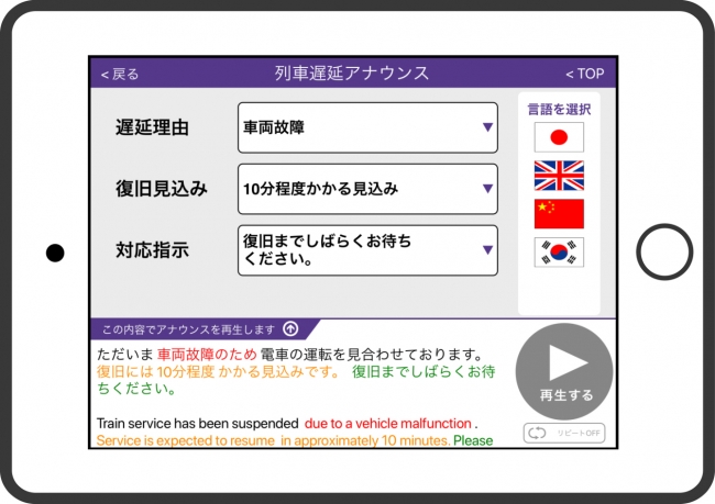 多言語アナウンスアプリ iOS タブレット版（イメージ）