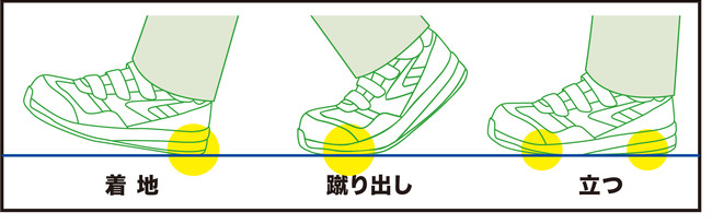 踵だけではなく蹴り出し、立つ、全ての動作で優れたクッション性