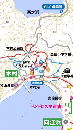 実際にオフラインで使える地図。赤色のルートが噴火時の避難ルート。青色が津波時の避難ルート。ピンク色の丸点が自分の現在地。