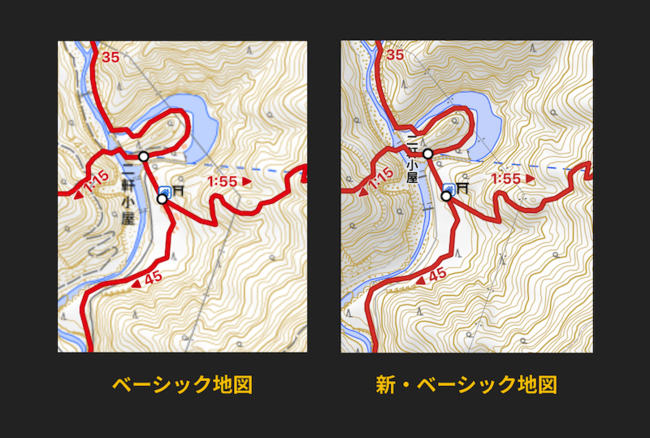 新・ベーシック地図の方が解像度が高く、従来のベーシック地図と比べて、より細かい線までくっきり見える