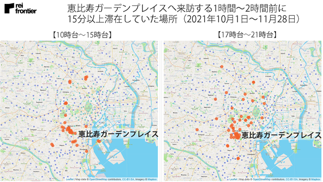 恵比寿ガーデンプレイスへ来訪する1時間～2時間前に15分以上滞在していた場所（2021年）