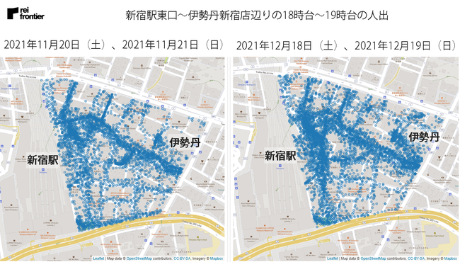 新宿駅東口～伊勢丹新宿店辺りの18時台～19時台の人出（11月、12月）