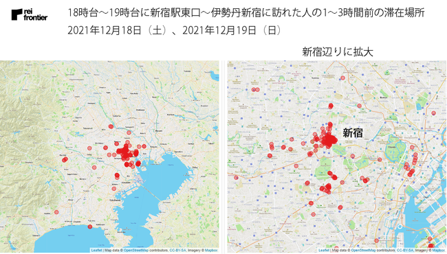 18時台～19時台に新宿駅東口～伊勢丹新宿に訪れた人の1～3時間前の滞在場所