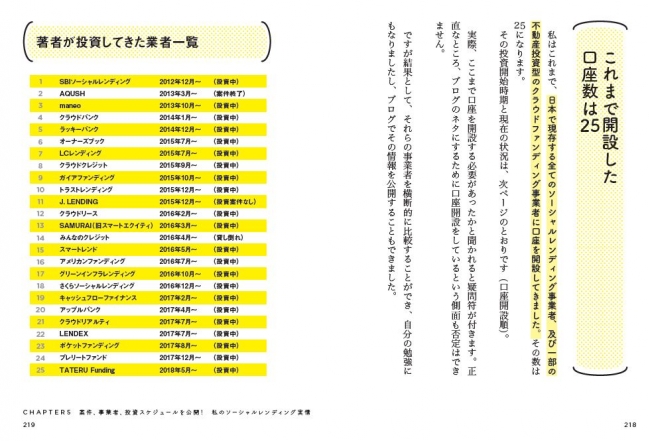 著者は、日本で現存する全てのソーシャルレンディング事業者、及び一部の 不動産投資型のクラウドファンディング事業者に口座を開設。投資開始時期と現在の状況も公開しています。