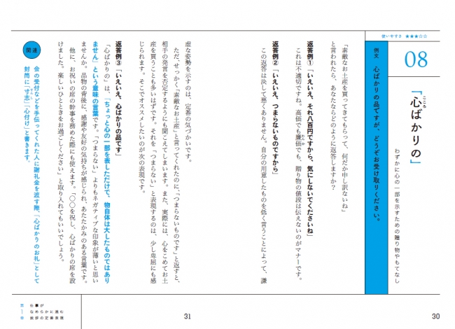 右上には各章とも、実生活に降り入れやすい順に★をつけました。★５つは若手でも使いこなしたい言葉、★３～４つは30、40代の人に使いこなしてほしい言葉、★２つ以下は書面、スピーチなどのあらたまった場面に。ほかにも例文や類義語、対義語などの関連情報も掲載。