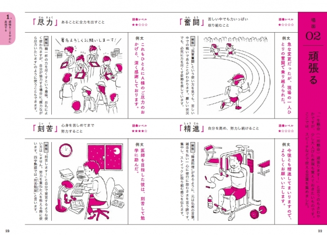 １つの場面に対し、４つの言いかえ言葉を楽しいイラストと共にご紹介。