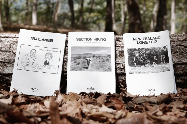 左からZINE＃01『TRAIL ANGEL』、ZINE＃02『SECTION HIKING』、ZINE＃03『NEW ZEALAND LONG TRIP』