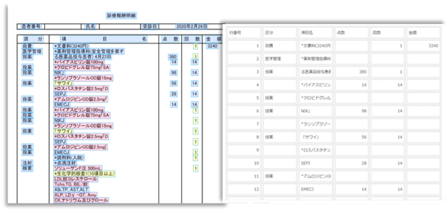 診療明細書の文字読み取りと変換イメージ