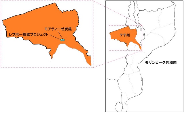 テテ州および本邦企業参画プロジェクトの位置図