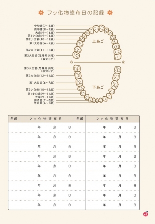 ＜写真上＞今回新しく作った「フッ化物塗布日の記録」のページ。