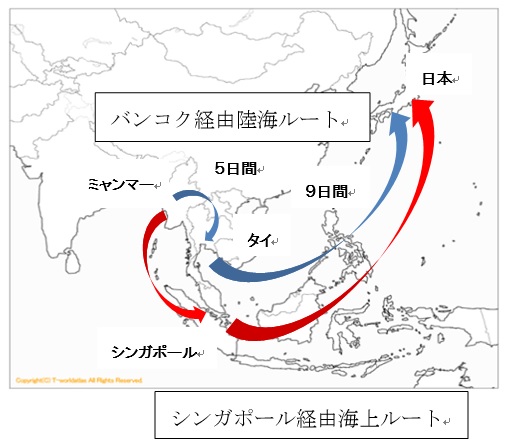 ＜バンコク経由陸海ルートとシンガポール経由海上ルート＞