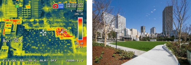 画像左：サーモカメラで撮影した南池袋公園の様子（イメージ）　 画像右：南池袋公園