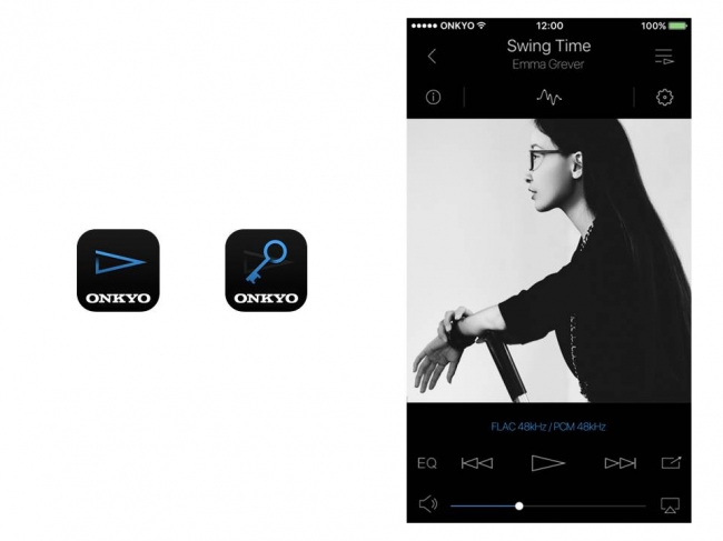 【画像は左から「Onkyo HF Player」のアイコン、「HD プレーヤーパック」のアイコン、新しくなったUIによる再生画面】