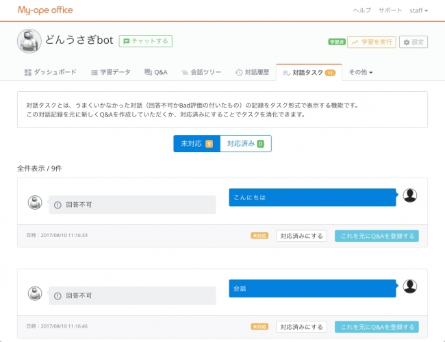 回答に失敗した場合やBAD評価された回答にボット管理者はすぐ気づくことが出来ます。今後同様の会話が為されないようにその場でデータ修正を促す機能です。