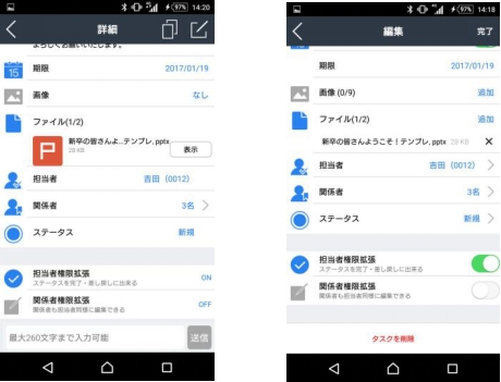 タスク担当者、および関係者の権限拡張が可能に。作成者以外でも編集やファイルの添付が可能