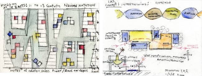 左）Steven Holl, Notes of Colored Glass 01／21／2012　右）Steven Holl, Space Merged with Natural Phenomena