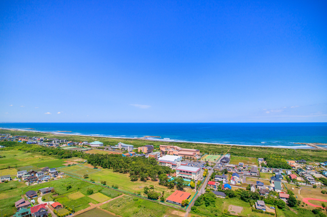 ホテル俯瞰（レンガ色の建物がホテル）