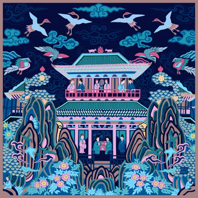 「仙山楼閣」（サマーカルネ）シルクスカーフ　（100ｃｍ×100ｃｍ）ブルー系   38,880円