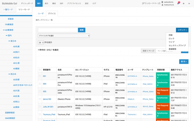 【BizMobile Go! 管理画面】組織単位に限定されたアクセス権限を設定した例