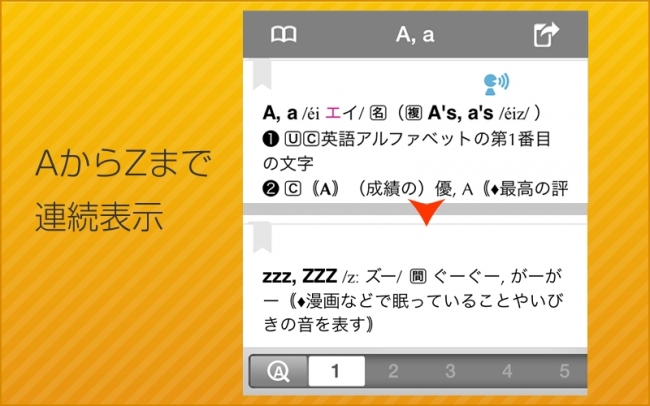 検索結果画面は、AからZまで連続して表示されます。パラパラと「辞書を読む」ように語彙を増やしていく学習方法が可能な、新しい辞書アプリです。