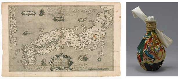 左：ブランクス／モレイラ「日本図」1617年　ゼンリンミュージアム蔵／右：お水瓶　平戸市生月島堺目集落伝来 平戸市生月町博物館・島の館蔵 画像提供：平戸市