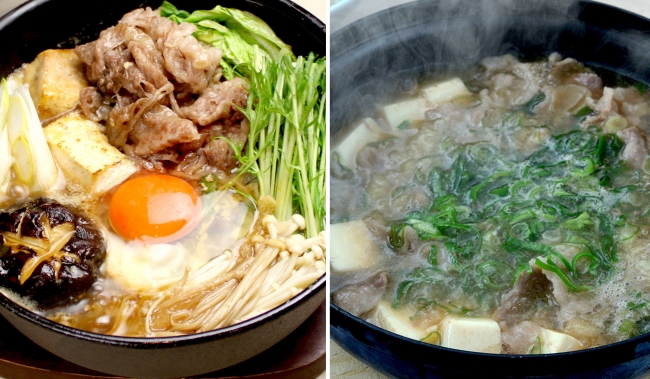 （左）特選牛しゃぶの牛鍋　（右）牛しゃぶ肉吸い