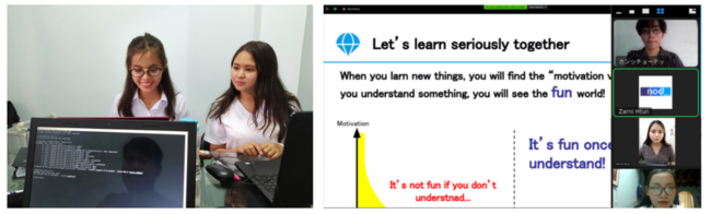 写真：ミャンマーでDIVE INTO CODEの講座を受講する生徒と、オンライングループ講義の様子
