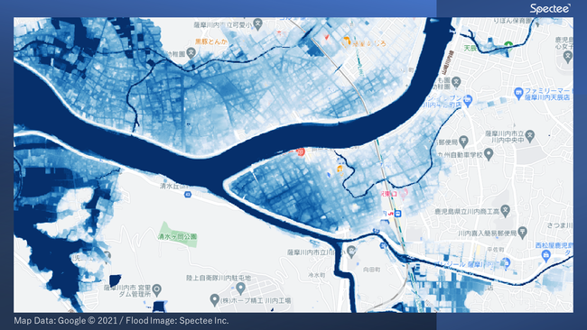 鹿児島県薩摩川内市周辺の浸水推定図（2021年7月10日）- SNSの投稿画像をもとにAIで解析し作成