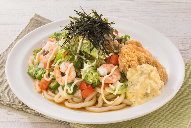 海老と山芋オクラのねばとろサラダうどん＋タルタルチキン