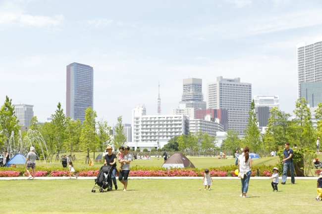 日中は多くの親子連れでにぎわう開放的な芝生広場