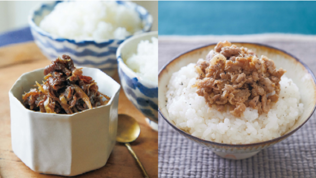 牛肉とごぼうのしぐれ煮（左）豚肉のしょうが焼きつくだ煮（右）