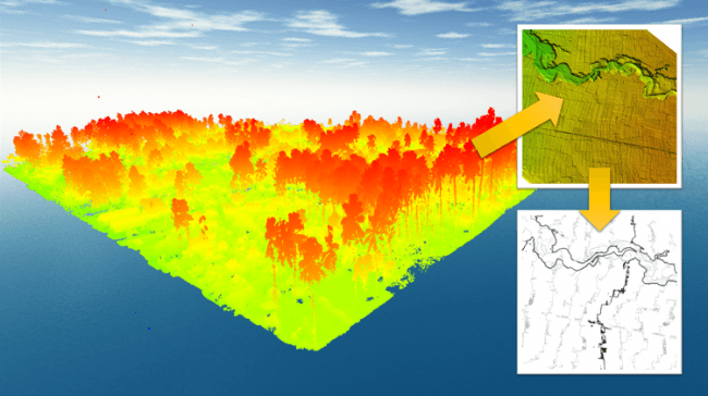 LiDARによる地形測量で得られた、３Dマップ、数値標高モデル、等高線データ