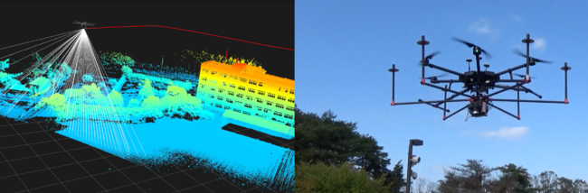 Terra Lidarにより取得したデータ (左)とTerra Lidarを積載したドローン(右)