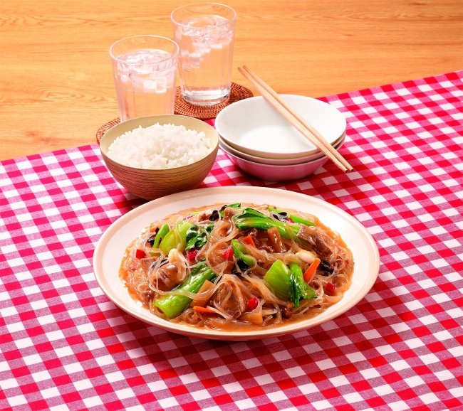 麻婆春雨アレンジ一例：チンゲン菜と豚肉アレンジ