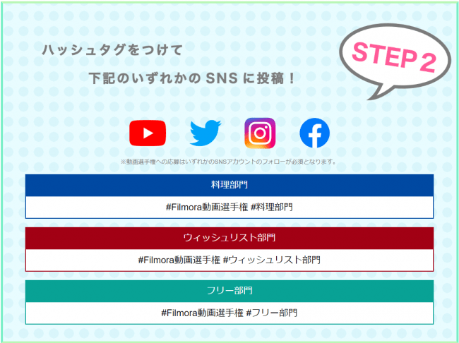 STEP2　SNSに投稿！(※動画選手権への応募はいずれかのSNSアカウントのフォローが必須となります)