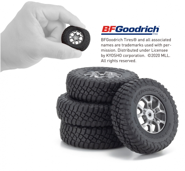 SUVタイヤで定評の『BFGoodrich社のMud-Terrain TA KM3』を再現し、台形ホイールデザインとガンメタリックアルミカラーを表現。ボディやシャシーが実車ライクなミニッツ4×4のスケール感の高さをきわだたせた。