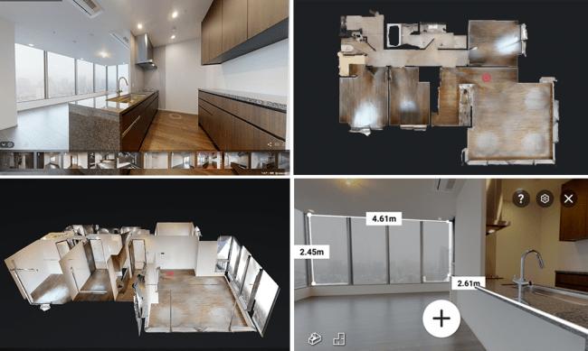 ＜左上「インサイトビュー」、右上「フロアプランビュー」、左下「ドールハウスビュー」、右下「測定モード」＞