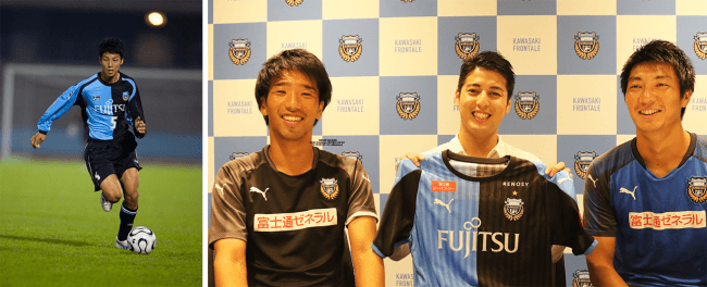 ＜左：フロンターレ時代の樋口大、右：吉田コーチ、樋口大、安藤選手、ⒸKAWASAKI FRONTALE＞