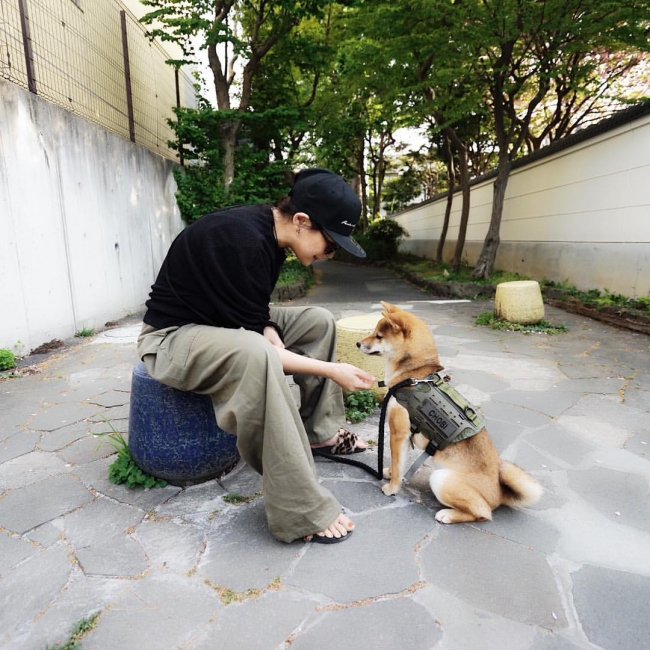 グリーンカラーで愛犬とリンクコーデ