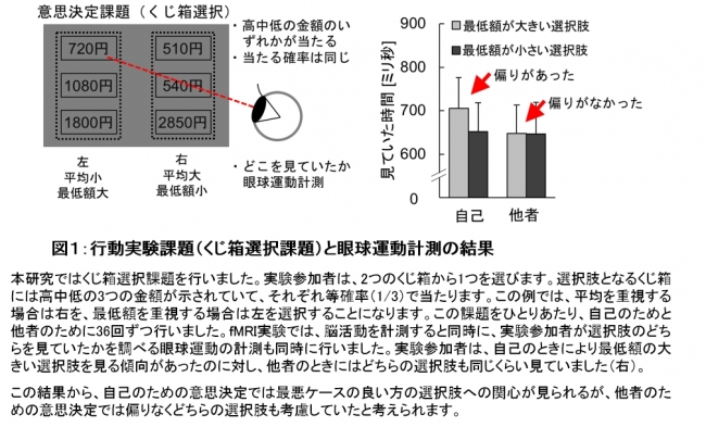 図１：行動実験課題（くじ箱選択課題）と眼球運動計測の結果