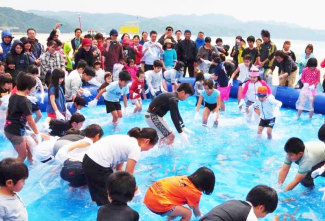 活魚掴み取り大会風景