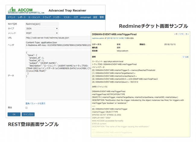 画像3：REST登録画面とRedmineチケット画面のサンプル