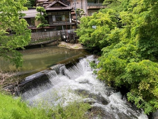 東山温泉街を流れる湯川を見ながら散策