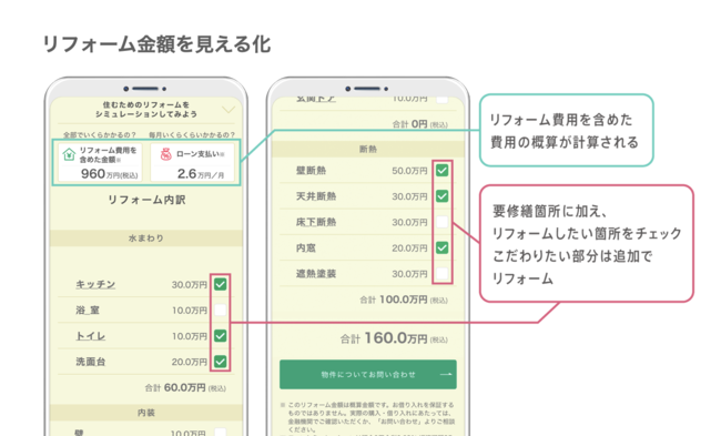 ▲リフォーム費用シミュレーション機能