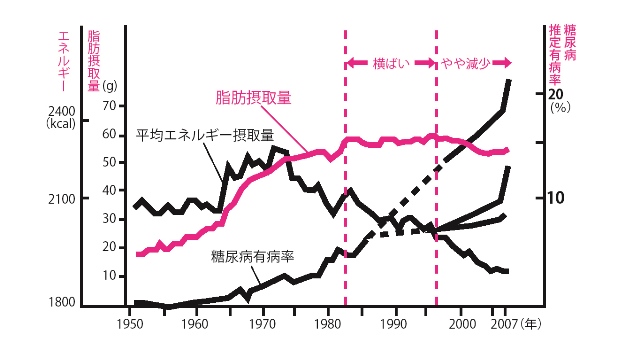 エネルギー摂取量は、1970年代前半を境に明らかに減少。現在の日本人平均エネルギー摂取量は、成人の目安摂取量の「1800～2200キロカロリー」の範囲内である。