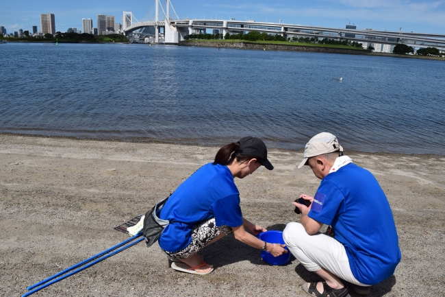 レインボーブリッジ前で調査を行う当社社員