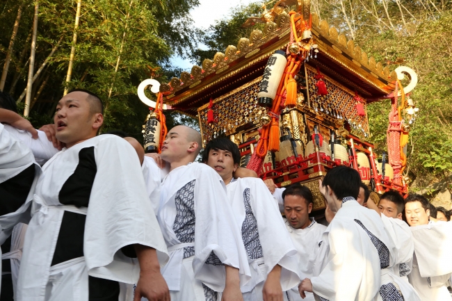 「明神祭りさらば久しい」の掛け声とともに担がれる神輿