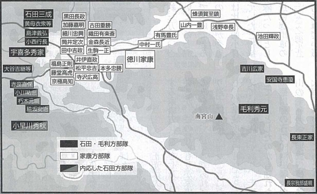 ▲「関原本戦之図」を基にした通説の布陣図（「歴史群像」10月号より）。