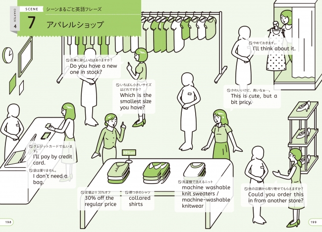 ▲イラストとセットで「シーンまるごと」の英語フレーズを覚えるページも充実