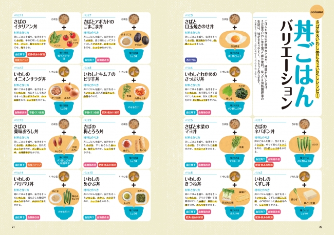 ▲器にごはんを盛り、さば缶orいわし缶と、お好みの食材をのせ、調味料をかけるだけで完成する丼ごはんバリエーション。超簡単なのに、どれも間違いないおいしさです！